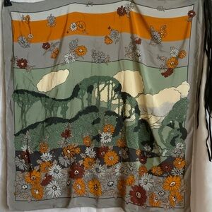 Liberty of London gray, orange and green daisy scene silk scarf